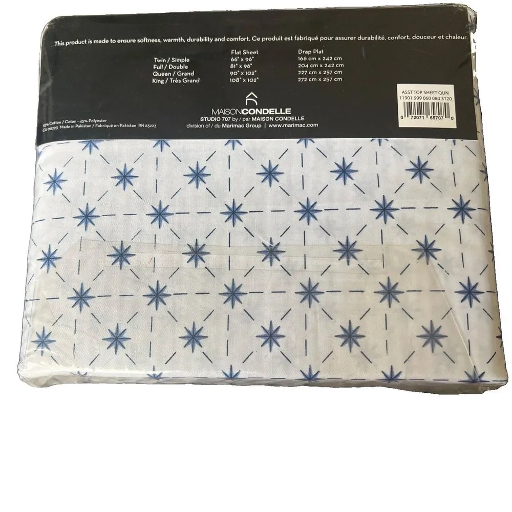 Vintage Studio 707 Twin Flat Sheet White Blue Atomic Pattern 200 Thread Ct New